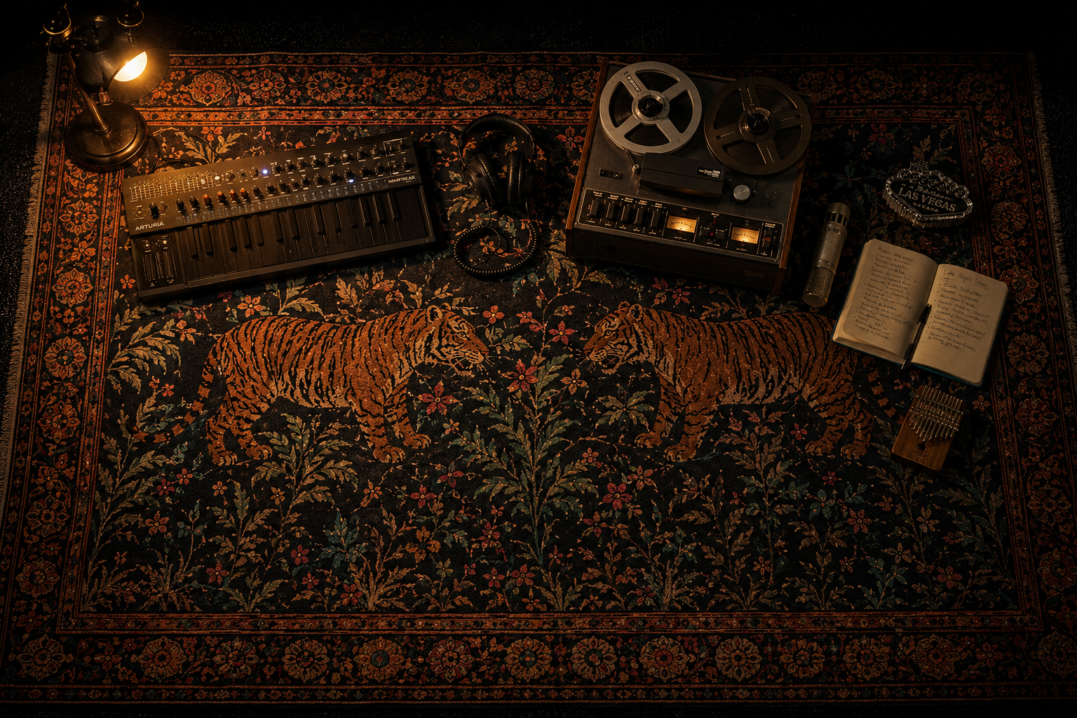 Overhead view of instruments and gear arranged on a vintage rug, with handwritten notes among them